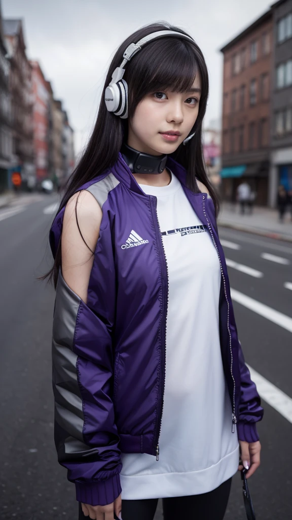 One girl, Gray Hair, Long Hair, Techwear masterpiece, highest quality, Realistic, realism, Dark purple jacket, Portraiture, Fine grain, Wearing the headset, Platinum Hair, 21 year old girl, Fashion pose, Half Body, Wide shot, on the road, cyber punk