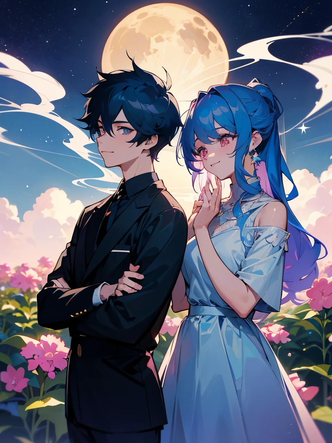 cartoon of two men standing close together, ddlc, in the art style of 8 0 s anime, 9 0 s anime style, 90s anime style, in anime style, in an anime style, anime aesthetic, anime vibes, 9 0 s anime aesthetic, 9 0 s anime art style, two lofi men, beautiful background outside, background at night with stars and a moon, fairy lights, beautiful background in a floral garden with fairy lights at night, two cute men, beautiful faces, two men, don't extra hands, NO extra hands, generate two men with NO extra hands, NO extra arm, the two men has a short hairstyle, one man has blue hair, the other man has black hair, pretty faces, two cute pretty smoking dress, with amazing smile, the two men has a pretty smile,