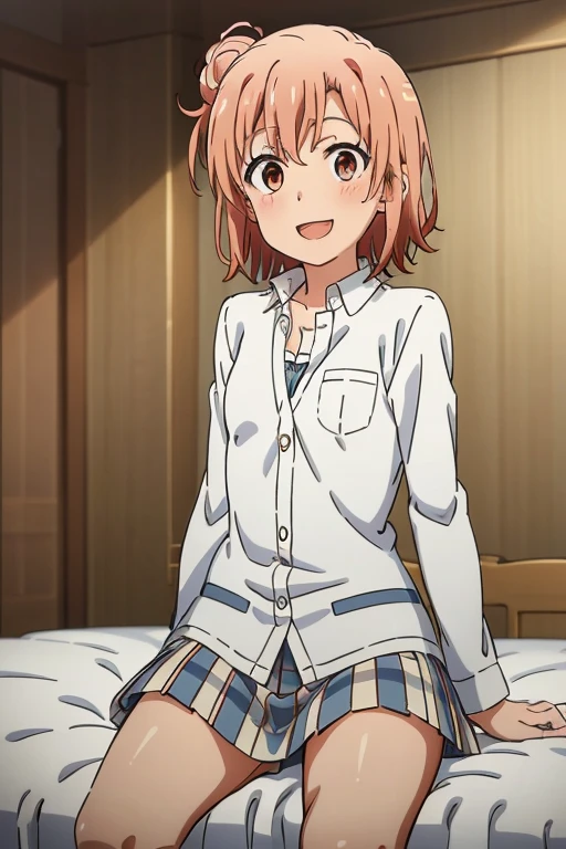 ((highest quality)), ((masterpiece)), (be familiar with), Perfect Face, indoor, Bedroom, Watching the audience,
One woman, Yuigahama Yui,
Open Mouth, Ecstatic expression, blush, smile,
Small breasts, Flat Chest, Young Girl, , , Girl,
Short Hair, Salmon-colored hair, Salmon-colored eyes, Side Pony,
Leg spread,