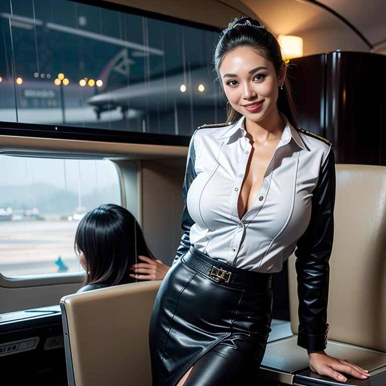 (Thai woman),(highponytail),(forehead),(Flight attendant uniforms:1.5),(short skirt),(enormous breasts:1.6),(slim waist:1.3),(smile:1.5),(night,rain:1.3),(inside an airplane in the background:1.5), (cowboy shot:1.4),8k, UHD,