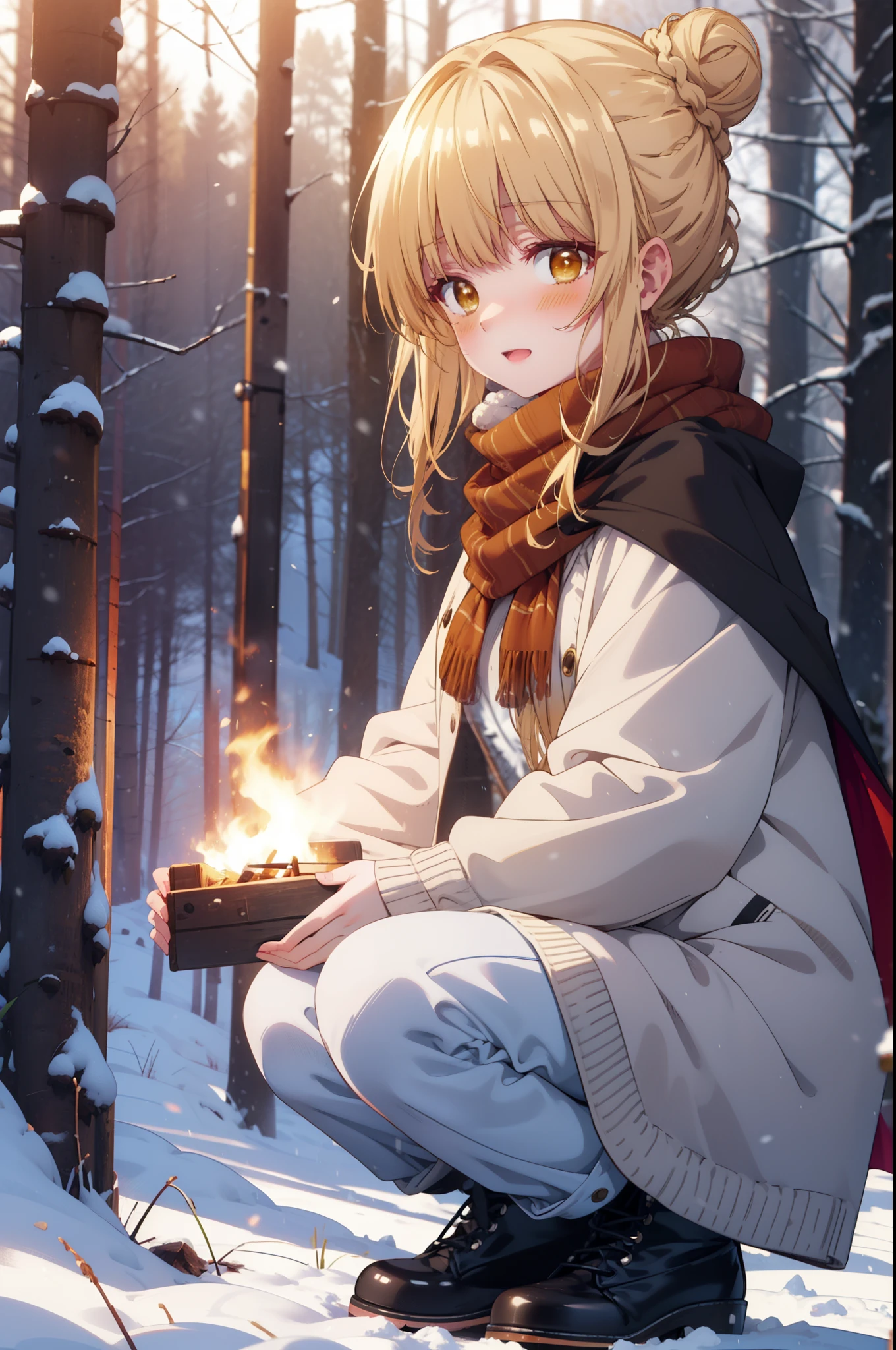 I am mahirushiina, Mahiru shiina, blonde, (Brown eyes:1.7), Long Hair, happy smile, smile, Open your mouth,Hair Bun, single Hair Bun,blush,White Breath,
Open your mouth,snow,Ground bonfire, Outdoor, boots, snowing, From the side, wood, suitcase, Cape, Blurred, Increase your meals, forest, White handbag, nature,  Squat, Mouth closed, フードed Cape, winter, Written boundary depth, Black shoes, red Cape break looking at viewer, Upper Body, whole body, break Outdoor, forest, nature, break (masterpiece:1.2), highest quality, High resolution, unity 8k wallpaper, (shape:0.8), (Beautiful and beautiful eyes:1.6), Highly detailed face, Perfect lighting, Highly detailed CG, (Perfect hands, Perfect Anatomy),