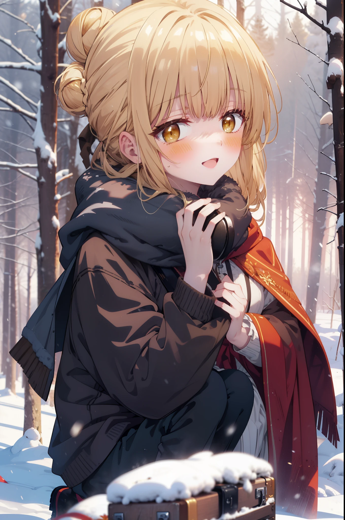 I am mahirushiina, Mahiru shiina, blonde, (Brown eyes:1.7), Long Hair, happy smile, smile, Open your mouth,Hair Bun, single Hair Bun,blush,White Breath,
Open your mouth,snow,Ground bonfire, Outdoor, boots, snowing, From the side, wood, suitcase, Cape, Blurred, Increase your meals, forest, White handbag, nature, Squat, Mouth closed, フードed Cape, winter, Written boundary depth, Black shoes, red Cape break looking at viewer, Upper Body, whole body, break Outdoor, forest, nature, break (masterpiece:1.2), highest quality, High resolution, unity 8k wallpaper, (shape:0.8), (Beautiful and beautiful eyes:1.6), Highly detailed face, Perfect lighting, Highly detailed CG, (Perfect hands, Perfect Anatomy),