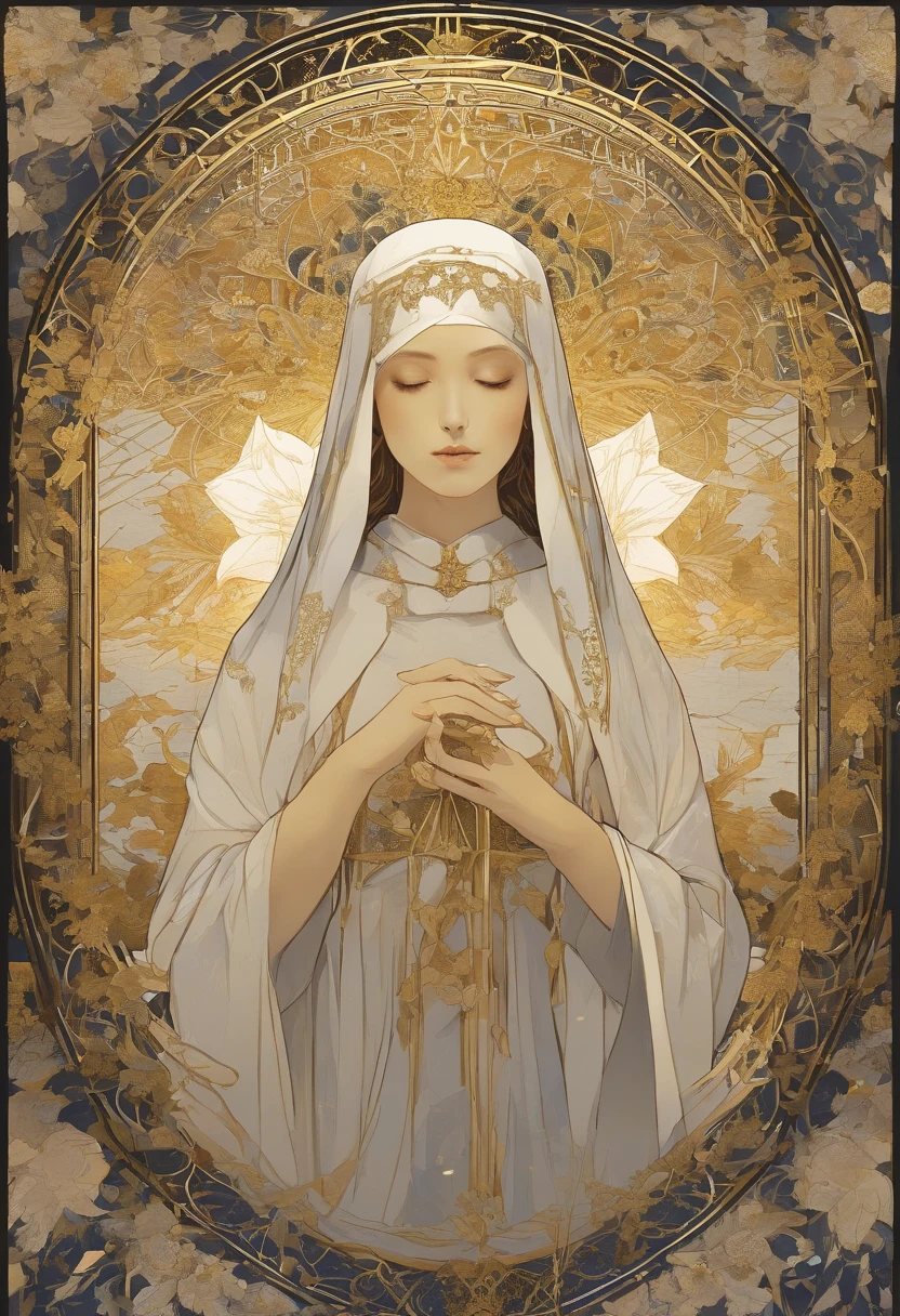 Alfons Maria Mucha, stars background, golden frame, best quality, master part, ultrahigh-resolution, (fotografia realista:1.4), Shinigami,Surrealismo de foice, Semelhante a um sonho,FusionArt, Shadow dancer, magia das sombras, furtividade, passo da sombra, Umbral spells, hidden blade,Imagens fantasmas realistas assustadoras,huge view, silence,Imagens fantasmas realistas assustadoras, face portrait of a European Nun female , long curly hair, blond, floral frame, Decorative panels, abstract artistic, by Alphonse Mucha (Masterpiece, Best Quality, Highres:1.4), Detailed, Intricate Details, 4K, color splashes, line art, fibonacci, sexy, curvy, milf