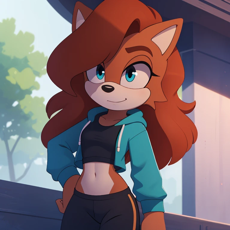 sonic_(series), sally acorn, (((mobian))), ((thin body, skinny figure)), (red hair, wavy bangs, long hair), ((blue eyes, aqua eyelids)), (blue hoodie,black shirt, black trackpant ), beautiful, pretty, cute, masterpiece, 4k, high quality, studio quality, detailed, insanely detailed, extreme detail, refined detail, perfect detail, max detail ,