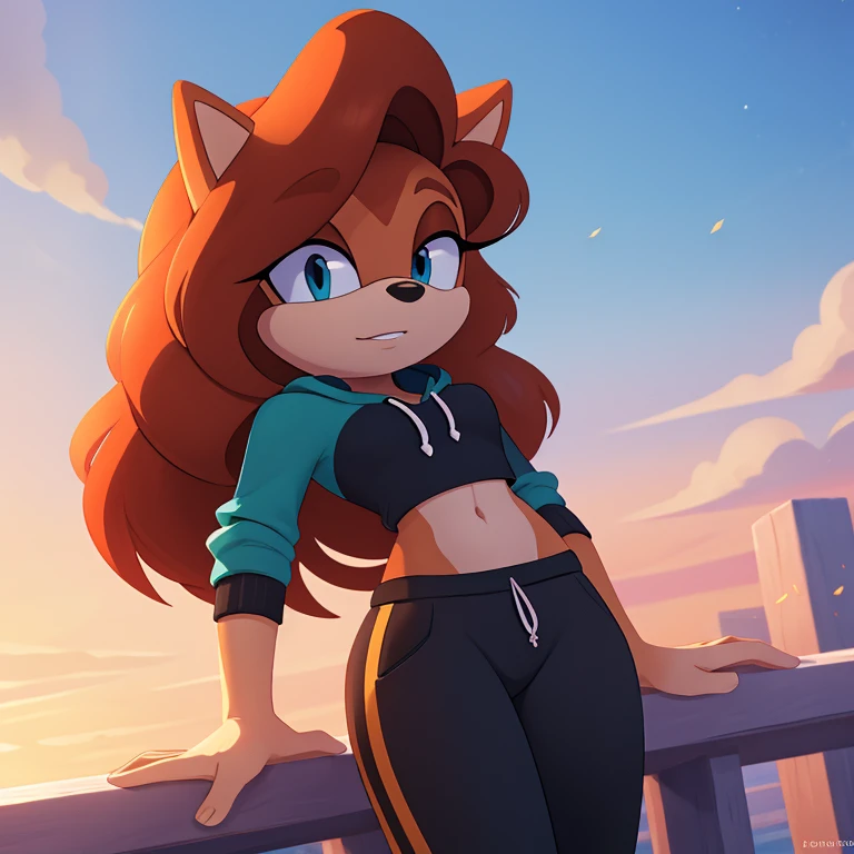 sonic_(series), sally acorn, (((mobian))), ((thin body, skinny figure)), (red hair, wavy bangs, long hair), ((blue eyes, aqua eyelids)), (blue hoodie,black shirt, black trackpant ), beautiful, pretty, cute, masterpiece, 4k, high quality, studio quality, detailed, insanely detailed, extreme detail, refined detail, perfect detail, max detail ,