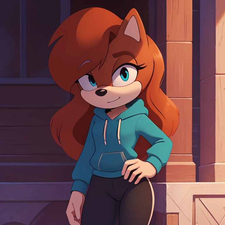 sonic_(series), sally acorn, (((mobian))), ((thin body, skinny figure)), (red hair, wavy bangs, long hair), ((blue eyes, aqua eyelids)), (blue hoodie,black shirt, black trackpant ), beautiful, pretty, cute, masterpiece, 4k, high quality, studio quality, detailed, insanely detailed, extreme detail, refined detail, perfect detail, max detail ,