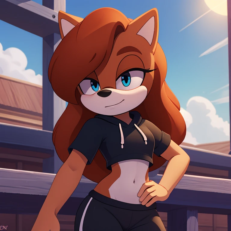 sonic_(series), sally acorn, (((mobian))), ((thin body, skinny figure)), (red hair, wavy bangs, long hair), ((blue eyes, aqua eyelids)), (blue hoodie,black shirt, black trackpant ), beautiful, pretty, cute, masterpiece, 4k, high quality, studio quality, detailed, insanely detailed, extreme detail, refined detail, perfect detail, max detail ,