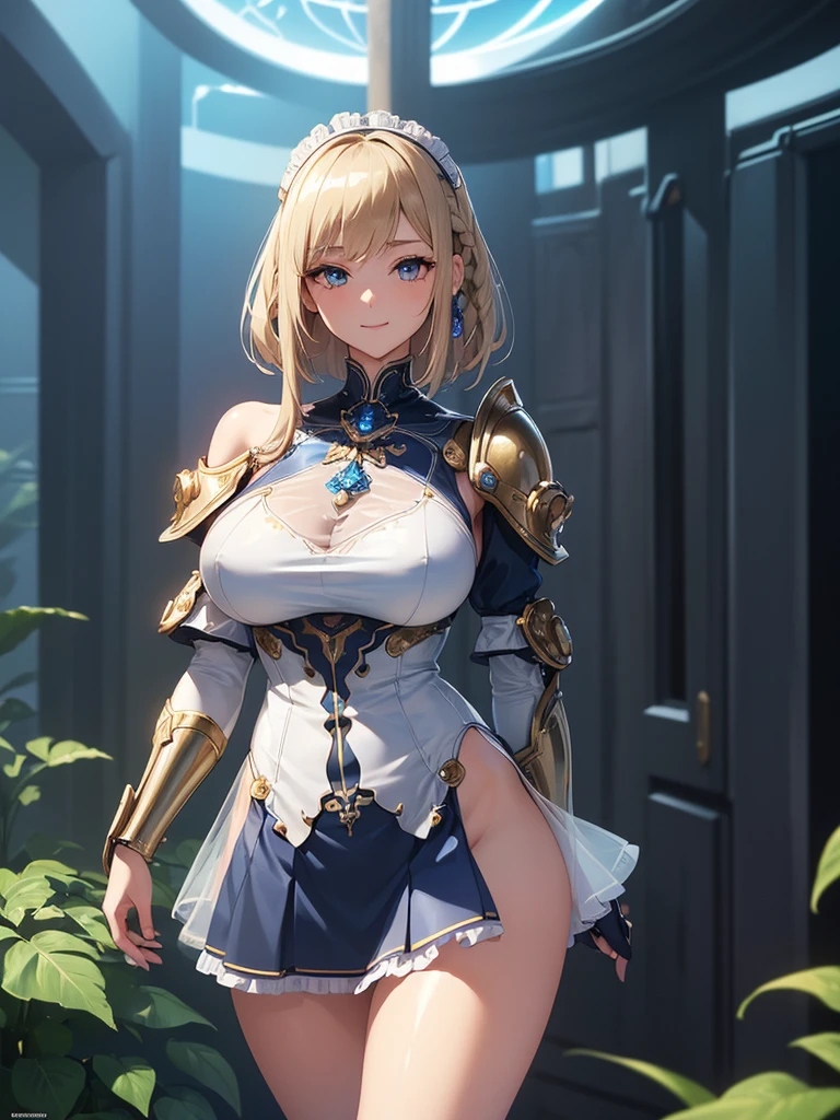 (((masterpiece))), (((best quality))), ((ultra-detailed)), (illustration), ((an extremely delicate and beautiful)), ((super detail)), ((high resolution)), (((20 years old))), metallic cloth, (maid), (android), delicate metal decorations, gleaming skin, shiny body, two legs, breast focus, (((tall))), slender legs, ((big round eyes)), cute eyes, drooping eyes, ((adult)), two hands, five fingers, no extra hands, elegant smile, braid, ((metallic blue)), (see-through), (dark blonde), (ultra-huge breasts), (shining brightly), outdoor, mini skirt, daytime, ((biopunk)), ((hair shorter than shoulder)), (medium length hair), gynoid,