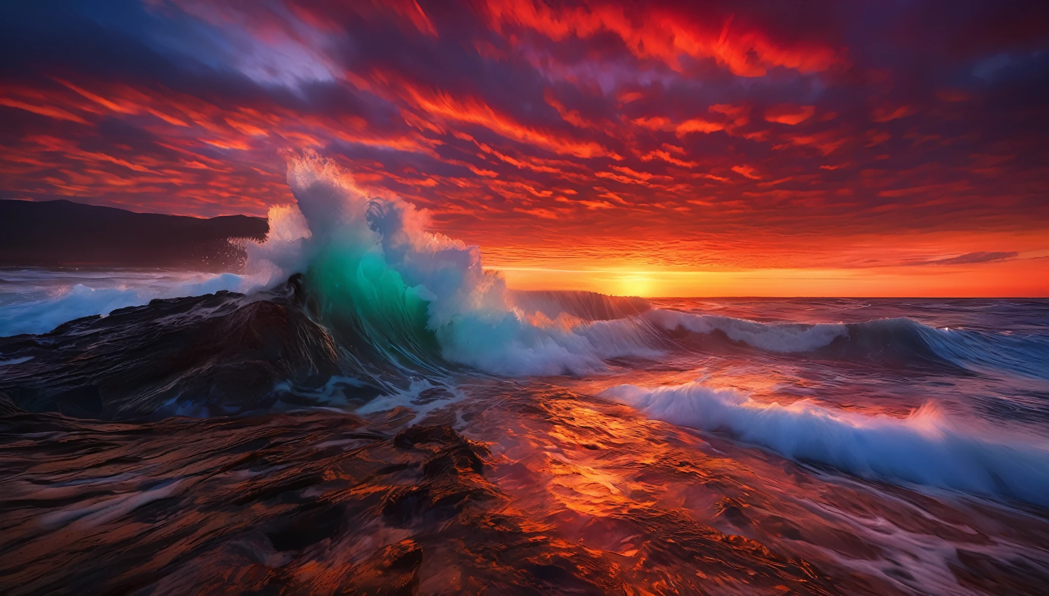 arafed view of a sunset over the ocean with waves crashing, chaotic sea setting, marc adamus, breathtaking look, epic sunset, dramatic reddish light, epic sunrise, vibrant sunrise, sunset glow, soft glow, vibrant sunset, breathtaking composition, jaw dropping beauty, by Alexander Robertson, red horizon, dramatic sunrise, breathtaking colors, dramatic sunset, seascape, red sunset