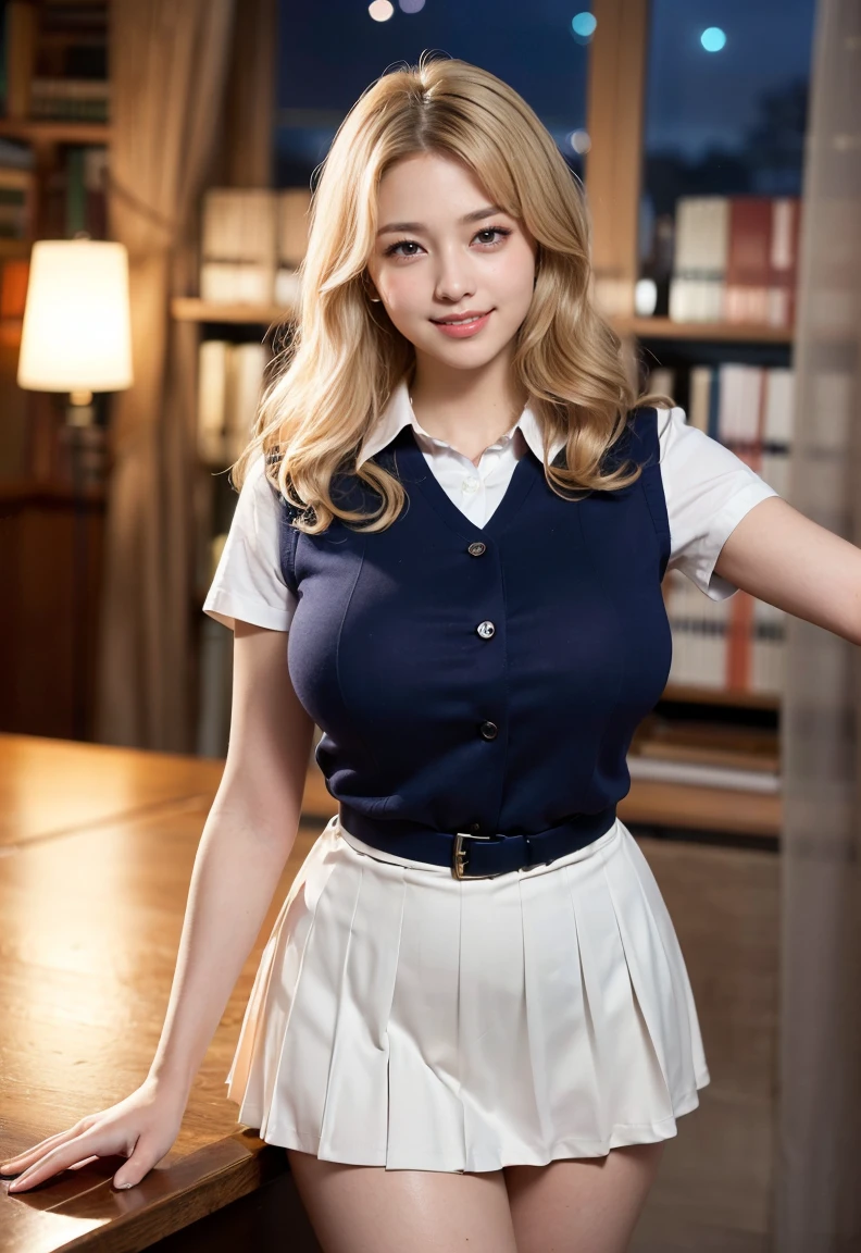 (((neat woman,Bright-eyed excitement,kind big smile,blush,blush,red cheek,please touch me,tempting viewer,i want you))),(all fours,all fours,hip higher),((((blush,red cheek)))),(cinematic lighting), (Photo real:1.4)、(A hyper-realistic:1.4)、(Photorealistic:1.3)、 (gentle lighting: 1.05)、(Improve the lighting quality of your video:0.9)、 32k、25years old woman、photorealistic lighting、Back lighting、Facial Lights、Ray Trace、(bright:1.2)、(Increase quality:1.4)、 (best quality real texture skin)、Fair eyes,delicate face、 Close-up of the face, ((Wearing the white collared shirt,navy vest-dress uniform,(no printed navy pleated skirt),high-heel),(Bodyline mood improvement:1.1)、Glossy skin、Korean Idol、Nogizaka Idol、good figure,perfect anatomy,Beautiful actress,(((beautiful huge breasts,slender waist,slender hip,long slender legs,8heads tall))),(((8heads tall))),(((blonde wavy hair,curtain bangs))),(((in the beautiful modern office of library,super clean night view,in the night))),