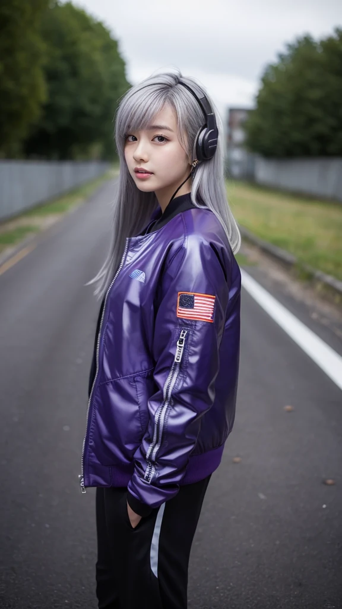 One girl, Gray Hair, Long Hair, Techwear masterpiece, highest quality, Realistic, realism, Dark purple jacket, Portraiture, Fine grain, Wearing the headset, Platinum Hair, 21 year old girl, Fashion pose, Half Body, Wide shot, on the road, cyber punk