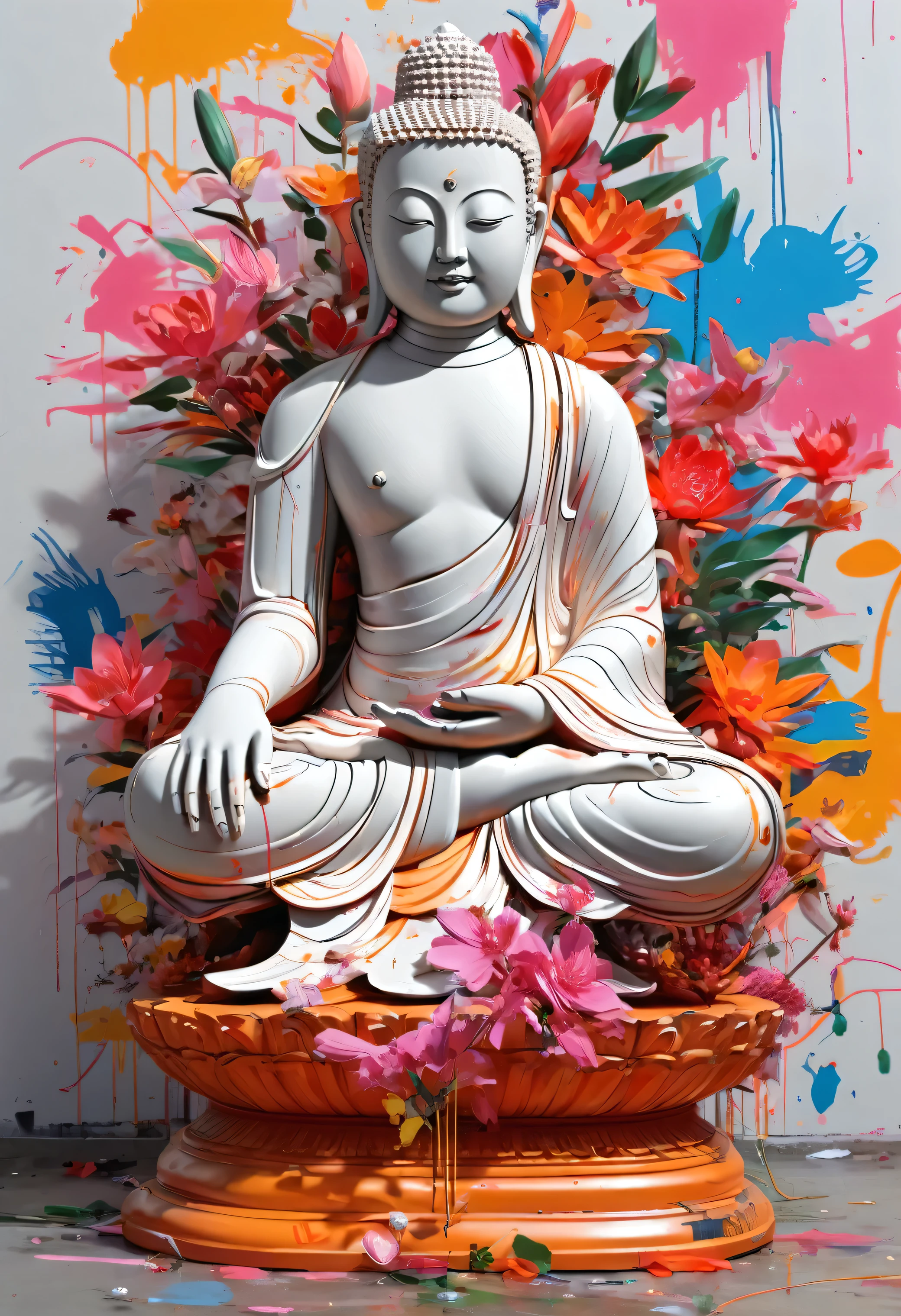 Buddhist statue,graffiti, scribble, Cartoon by Petra Cortright, highest quality, masterpiece, Representative works, Official Art, Professional, Super intricate details, 8k