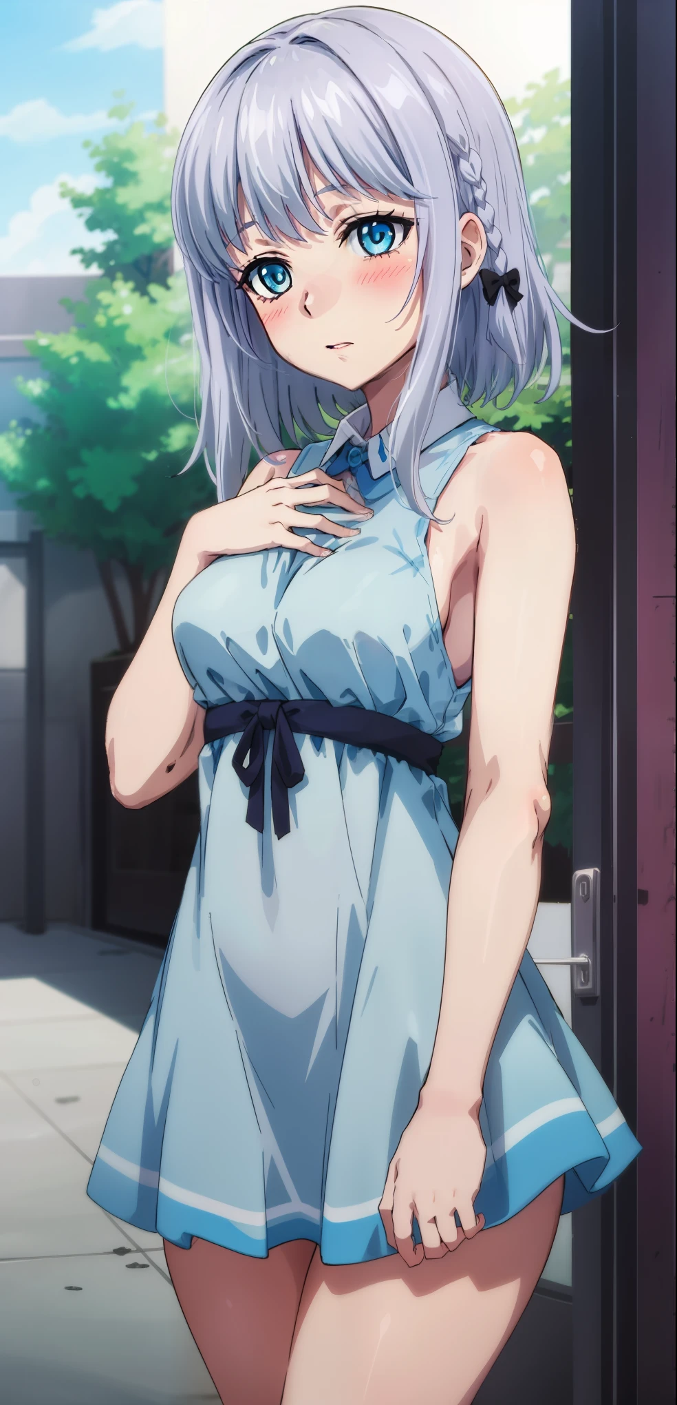 1 girl, kanon kanase,  blush, medium breasts, sleeveless,((( shirts, shorts))),  20-year-old, healthy skin, closed mouth, (indoors), detailed eyes.