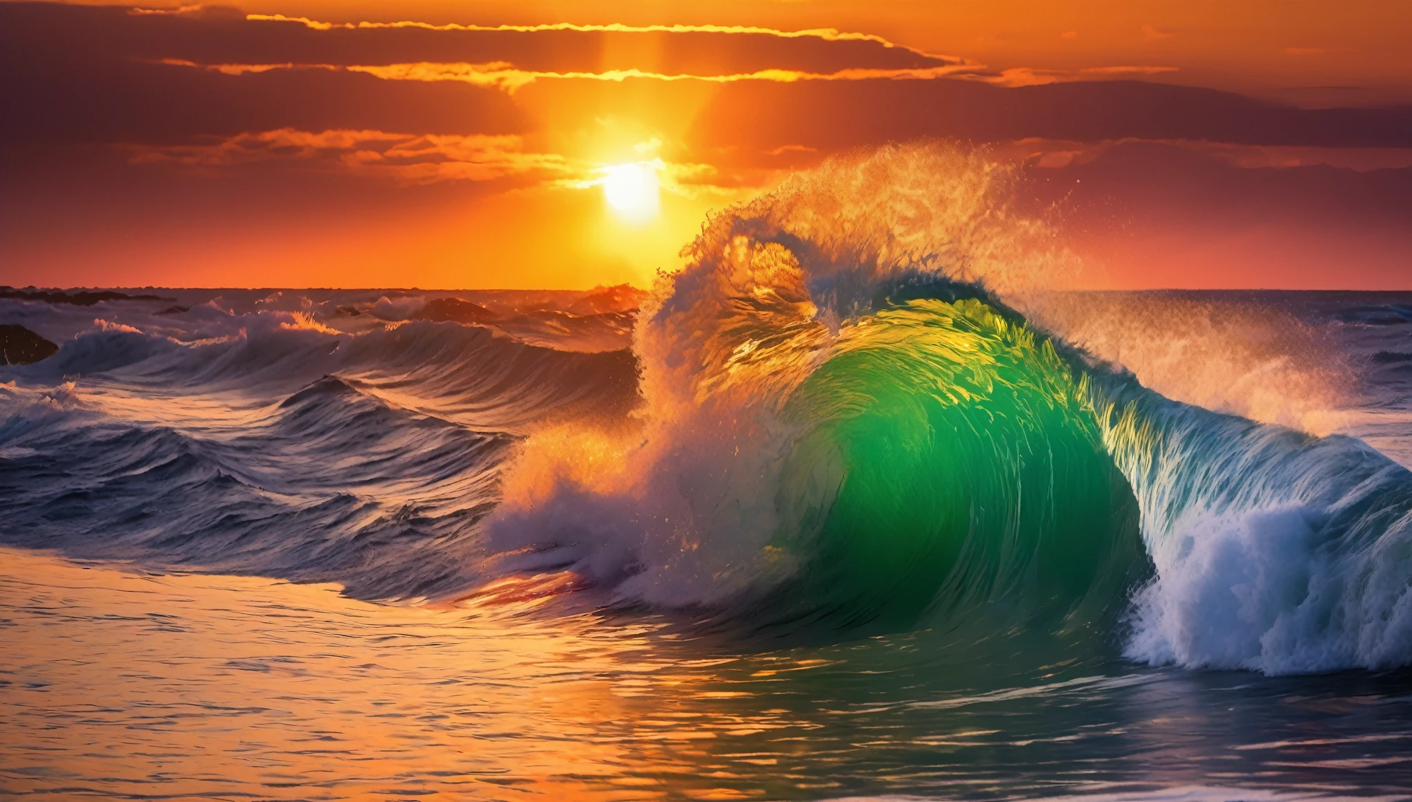 sunset over the ocean with a wave breaking in front of it, chaotic sea setting, beautiful waves in sea, sunset at the beach, epic red - orange sunlight, vibrant sunrise, shutterstock, beautiful sunrise, sunset on the beach, beautiful sunset, sea, vibrant sunset, tall backlit waves, the most beautiful sunset, soaring waves, rising from ocean, sunset glow