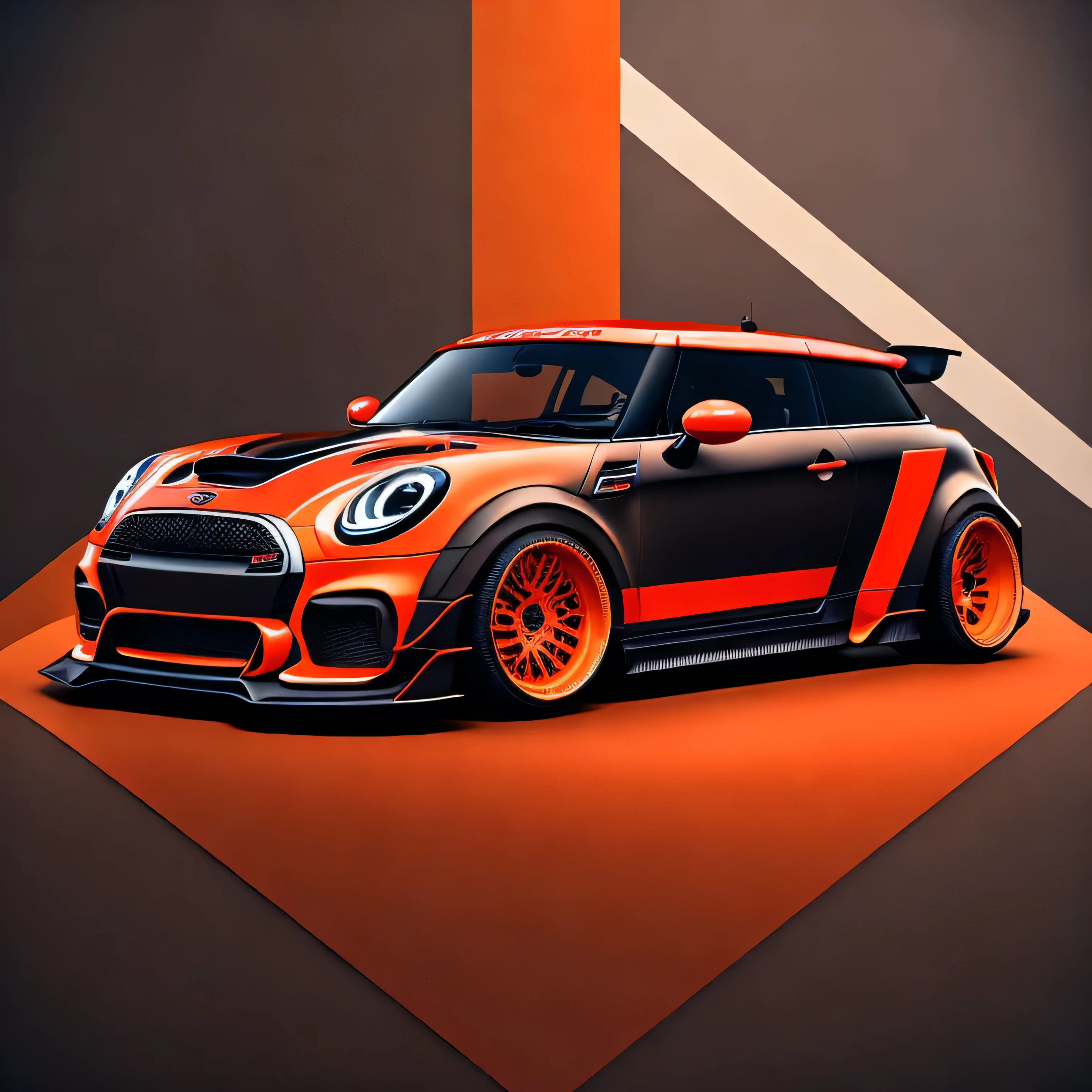 Artwork for t-shirt graphic design, bright orange coloured F56 Mini Cooper S JCW i at race track design, classic Mini Cooper S, ((carbon fibre, Liberty walk ultra wide body kit)), aggressive stance ((background: outside old industrial style building, large windows in background, overcast sky, heavy industrial look, cobble stone street)), 8K quality, realistic, realism, sharp, detailed, ultrawide, black and carbon fibre and deep candy orange colour scheme, front profile, epic stance, epic ultra wide body kit, super low stance, aggressive looks , street, bold red, background British flag in vintage pastel tone, highly detailed clean, vector image, realistic masterpiece, professional photography, realistic car, car sunrise background, flat black background, isometric, vibrant vector