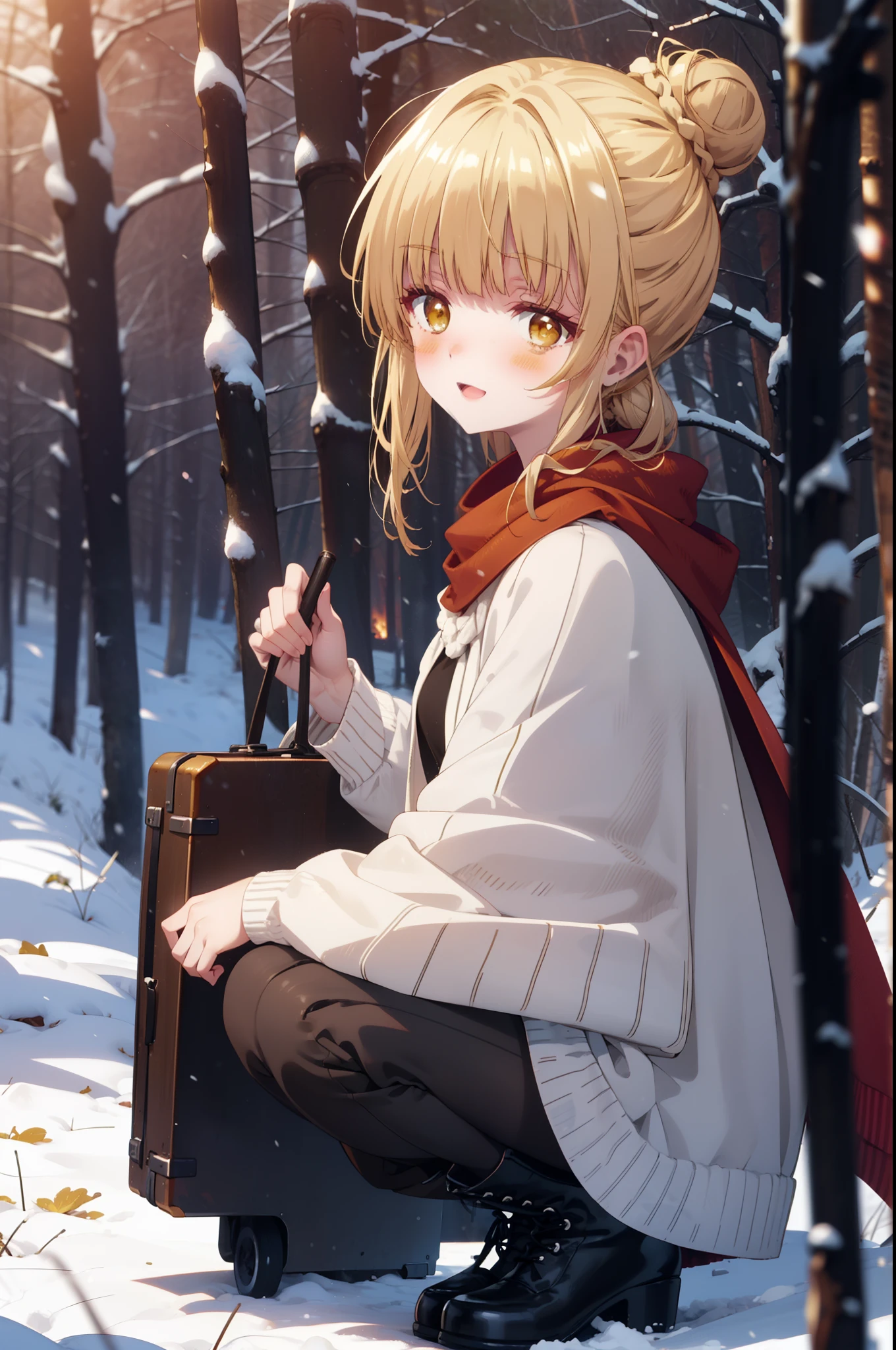 I am mahirushiina, Mahiru shiina, blonde, (Brown eyes:1.7), Long Hair, happy smile, smile, Open your mouth,Hair Bun, single Hair Bun,blush,White Breath,
Open your mouth,snow,Ground bonfire, Outdoor, boots, snowing, From the side, wood, suitcase, Cape, Blurred, Increase your meals, forest, White handbag, nature, Squat, Mouth closed, フードed Cape, winter, Written boundary depth, Black shoes, red Cape break looking at viewer, Upper Body, whole body, break Outdoor, forest, nature, break (masterpiece:1.2), highest quality, High resolution, unity 8k wallpaper, (shape:0.8), (Beautiful and beautiful eyes:1.6), Highly detailed face, Perfect lighting, Highly detailed CG, (Perfect hands, Perfect Anatomy),