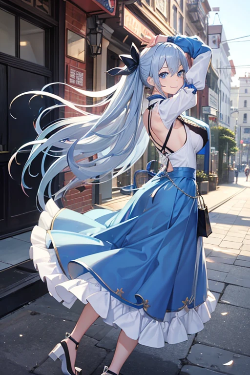 1 girl、Silver long hair、blue eyes、Big Breasts、Long skirt（blue）、Looking back at me with a smile、highest quality、Main Street、Shopping、Stretch your arms out towards me、High definition、Cobblestoneature face