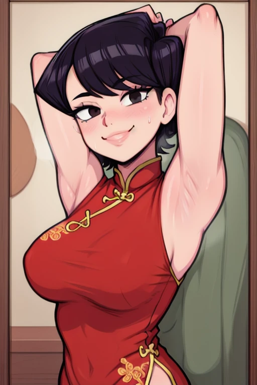 masterpiece, best quality, komi, looking at viewer, large breasts, upper body, portrait, seductive smile, put your hands behind your head, armpits, armpits visible, sweaty armpits, wearing red chinese dress, 