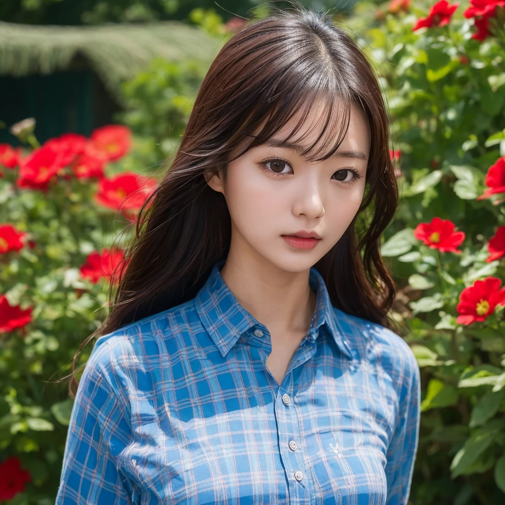 Young Asian woman, 25 years old, beautiful, long hair flowing up. A clear and detailed face, 8k,Wear a blue and red plaid shirt., In the open countryside there is a thatched hut with red flowers. Different action poses, Take photos with a high quality Fujicamera.,45,000,000 pixels