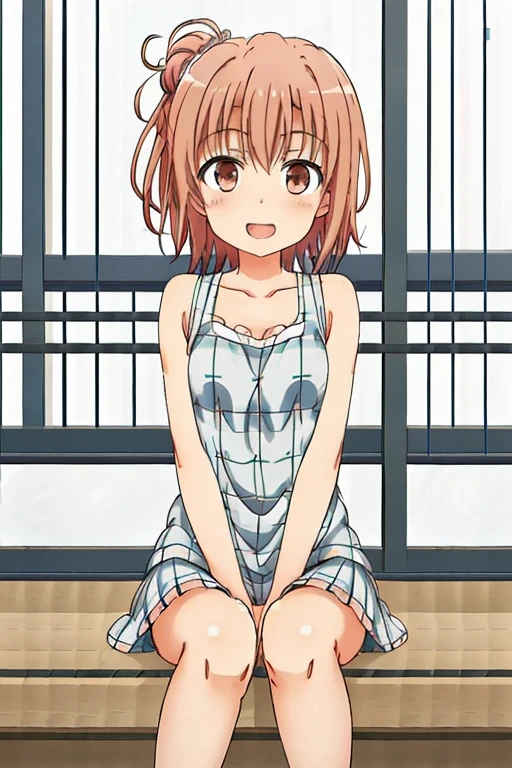 ((highest quality)), ((masterpiece)), (be familiar with), Perfect Face, indoor, Bedroom, Watching the audience,
One woman, Yuigahama Yui,
Open Mouth, Ecstatic expression, blush, smile,
Small breasts, Flat Chest, Young Girl, , , Girl,
Short Hair, Salmon-colored hair, Salmon-colored eyes, Side Pony,
Leg spread,