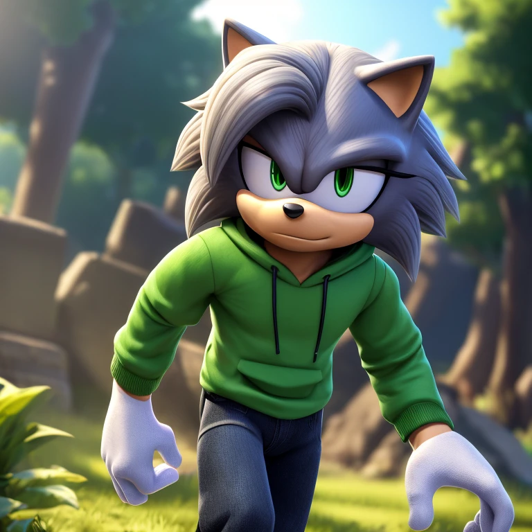 sonic_(series), wolf, male, 1boy (((mobian))), ((fit body, tall)), (gray hair, short hair, black fur, gray beard, gray mustache), ((green eyes)), (black hoodie, green shirt, black jeans ), masculine, strong, handsome, masterpiece, 4k, high quality, studio quality, detailed, insanely detailed, extreme detail, refined detail, perfect detail, max detail ,