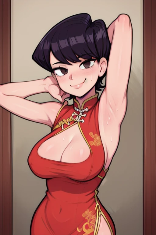 masterpiece, best quality, komi, looking at viewer, large breasts, upper body, portrait, seductive smile, put your hands behind your head, armpits, armpits visible, sweaty armpits, wearing red chinese dress, breast cleavage