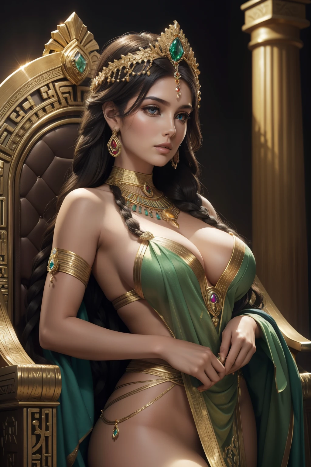 lucy pinder as an ancient goddess, her features striking and ethereal. She sits on a throne adorned with gold and jewels, her posture regal and confident. Her skin glows with an otherworldly radiance, a soft, warm hue that seems to emanate from within. Her eyes are the focal point of the portrait, captivating and piercing, filled with wisdom and power. Her long, flowing hair cascades down her back, each curl meticulously arranged in intricate braids and twists that accentuate her graceful neck. She wears a lavish headdress, its design reminiscent of ancient Egyptian or Greek art, crafted from gold and precious gems that sparkle against her dark skin. A flowing, diaphanous gown drapes her form, its colors shifting between emerald green and sapphire blue, accentuating her curves and hinting at the depths of the ocean or the richness of the earth. In one hand, she holds a scepter, its tip adorned with a glittering ruby, symbolizing her authority and dominion over the world. The background of the image is painted in muted tones of gold and bronze, creating a sense of warmth and luxury that surrounds her, making her presence known even when she's not moving., cinematic shot, dynamic lighting, 75mm, Technicolor, Panavision, cinemascope, sharp focus, fine details, 8k, HDR, realism, realistic, key visual, film still, superb cinematic color grading, depth of field