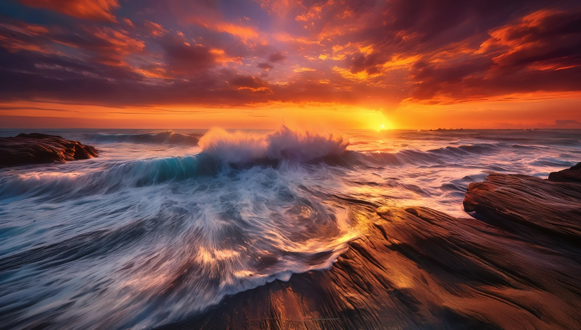 arafed view of a sunset over the ocean with waves crashing, chaotic sea setting, vibrant sunrise, breathtaking colors, breathtaking look, vibrant sunset, breathtaking composition, beautiful sea landscapes, stunning sunset, magnificent background, sunset glow, beautiful background, beautiful dreamy breathtaking, marc adamus, warm beautiful scene, epic sunset, beautiful sunset, beautiful sunset glow, beautiful ocean
