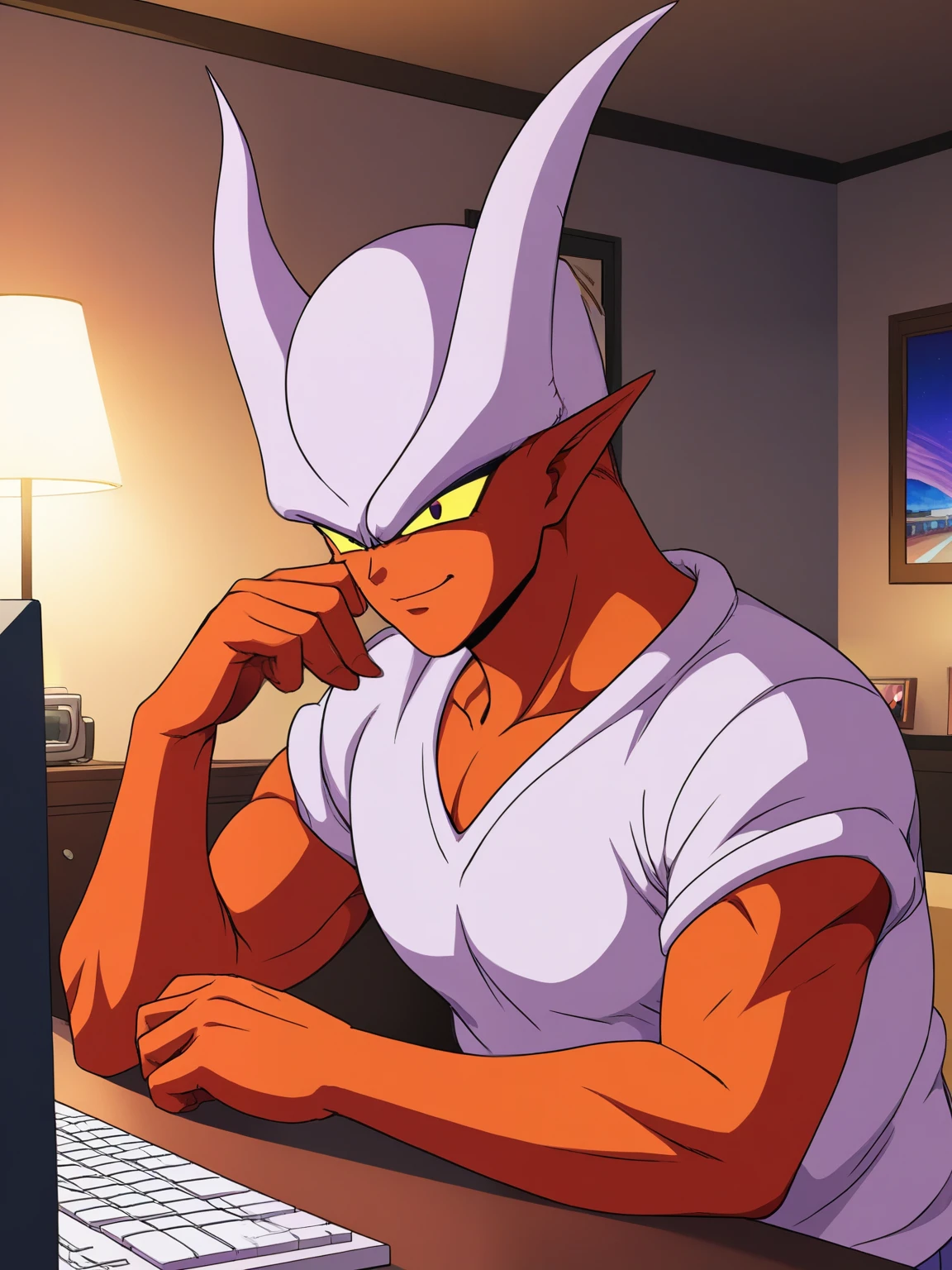 Janemba wearing shirt,black_eyes,in a modern house,using computer,taking video,face front (detailed face expression,detailed clothing),illustration,high quality,clear focus,vibrant colors,warm lighting