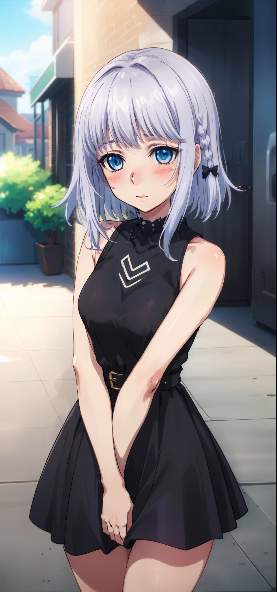 1 girl, kanon kanase,  blush, medium breasts, sleeveless,((cowboy_shot, black dress)),  30-year-old, healthy skin.