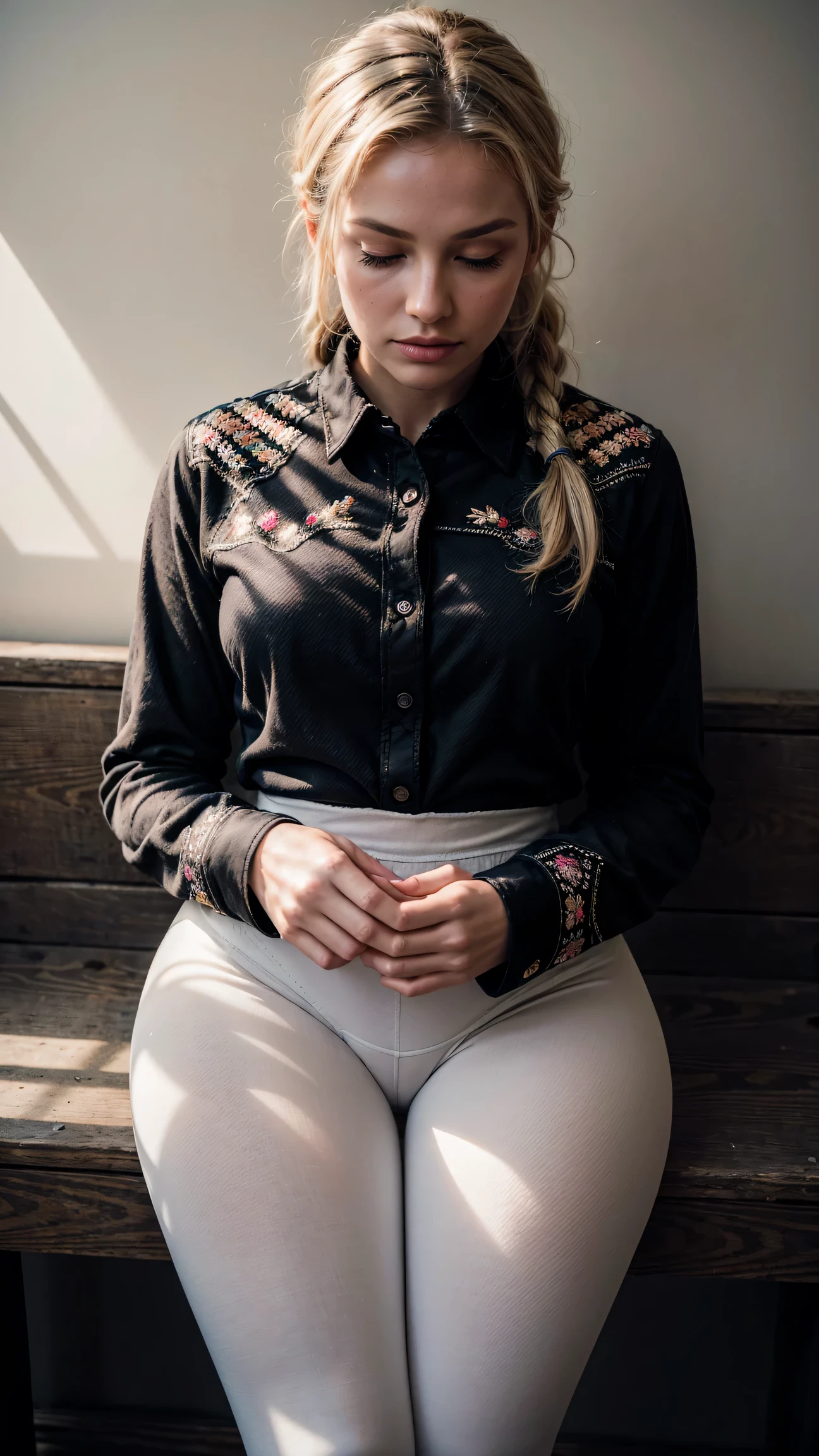 full-length selfie,(top view: 1.4), taken by 30-year-old blonde, an American female country music singer outside, exterior misty foggy pine forest:1.1, off a dirt trail, (misty:1.2 woods), ((she is dressed in tight thirst trap leggings, a fringed retro snap western embroidered long sleeve cowboy collared shirt with rodeo flourishes pattern:1.4)), (vulva shape:0.4),her leggings are tucked into her (luxury exotic cowboy boots:0.5),(high end boots:0.6), comfortable, romantic, ((her tidy blonde hair, braided, twisted and over her ears short hair:0.9)), her hands relaxed, by side, every detail captured with the highest quality Leica camera she owns, camera captures every detail and deepens the shadows,, colorful, lovely woman,American, a relaxed moment, realistic photo, (49% of photo is black in drawing:1.4), (detailed fabrics:1.2), (soft warm light:1.7) ,(relaxed intimate photoshoot), cozy relaxed, catching us, beautiful hands, gorgeous soft warm lighting:1.4, ((high contrast)), (deep, darkest shadows), (shadow details:1.3), ((taken using Leica camera, aperture: f/2)) , hyper-realistic skin, pores, scar, mole, relaxed moment, natural light glow, (romantic light:1.2), radiant dark skin, perfect relaxed hands, perfect fingers, a work of art, beautiful composition, golden ratio, contrast, inspiring, (highest quality fabric texture), every detail,Fine facial features – (Highest Quality) ,Leica camera film, High quality ○○ detailed – ○○ details ultra detailed(Ultra-fine ), Photorealistic