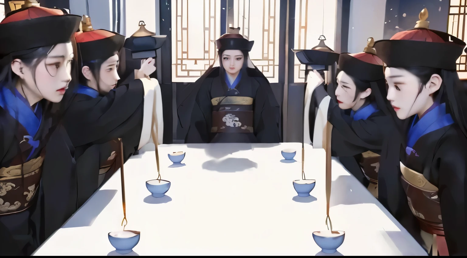 there are many people sitting at a table with cups and tea, robed figures sat around a table, artwork in the style of guweiz, high quality fanart, hanfu, palace ， a girl in hanfu, tea ceremony scene, official fanart, inspired by Xuande Emperor, in their noble mansion, heise jinyao, by Xuande Emperor