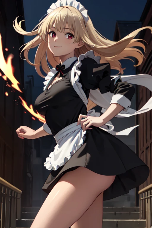 masterpiece, best quality, ultra detailed, highres, extremely detailed CG unity 8k wallpaper, perfect lighting, very detailed background, Outdoor、beautiful and aesthetic,sharp focus, perfect face, Perfect hands、Perfect Fingers、Perfect toes、Five fingers、
1lady、 smiling、
Short blonde, large red eyes、delicate oval face、
(flat :1.4)、Looking up at the viewer、
(Black maid outfit:1.5)、
Ambient light、Volumetric Light、shoot from side、(Glowing Skin:1.3)