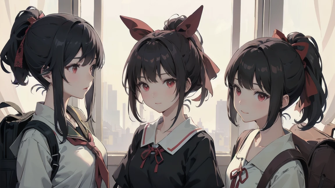 masterpiece, highest quality, Very detailed, 16k, One Girl, spring, high school, Warm colors, school bag, 正確でVery detailedな背景, Mr.々A group of schoolgirls in uniforms with different body types and hairstyles, cute. break. kaguya shinomiya, Red eyes, Black Hair, ribbon, red ribbon, hair ribbon, Parted bangs, Folded ponytail, , Shuchiin Academy , dress, Side Lock, chest, black dress, clavicle, short hair, Long sleeve