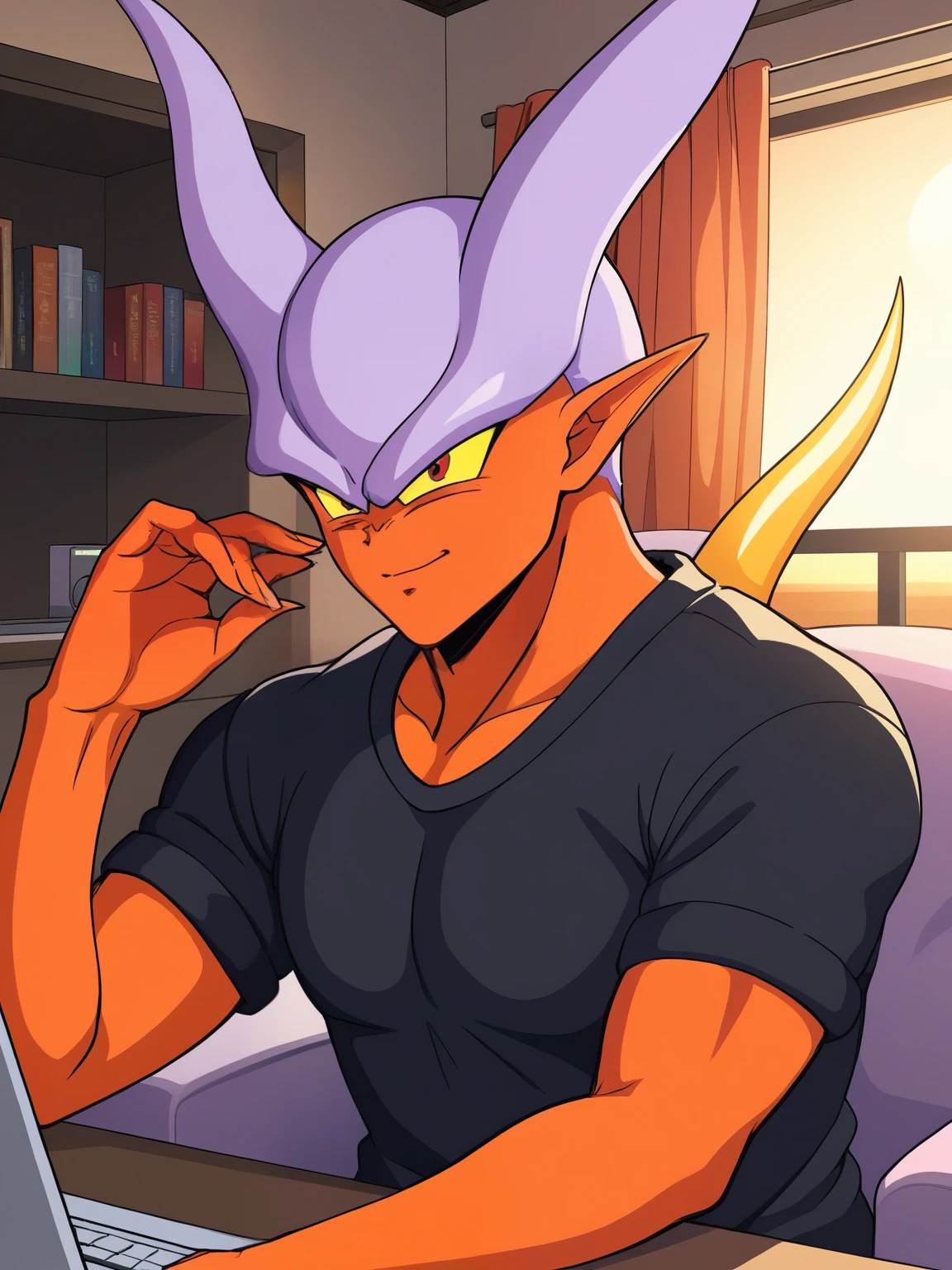 Bills, beerus, Dragon Ball Super, purple cat-like humanoid, The second, skinny, muscular, ABS, (detailed:1.3), prominent pectorals, male nipples, naked, male, uncut penis, smiling mischievously, lying on a cot opening his legs while stimulating his anus with his fingers, Dragon Ball Capsule Corporation Fund