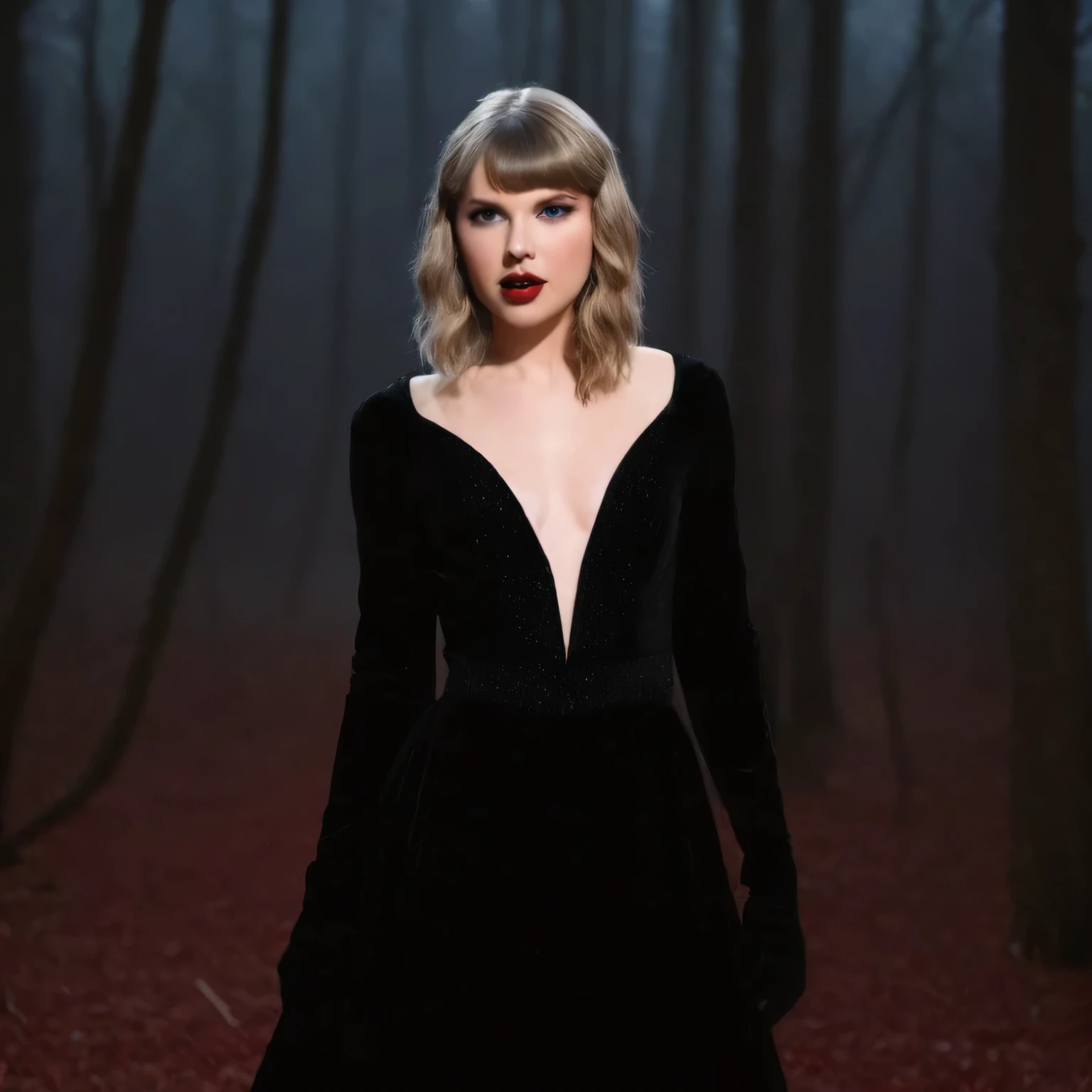   as a hauntingly beautiful vampire:
 * Capture Taylor Swift's delicate features, but with pale, porcelain skin and blood-red lips.
 * Hint at her vampiric nature with elongated fangs subtly peeking out from behind her lips.
 * Depict her eyes glowing with an otherworldly, crimson light.
 * Maintain Taylor's signature elegance, but replace her usual warm aura with an air of mystery and danger.
 * Clad her in a flowing, black gothic gown that accentuates her slender figure.
 * Pose her standing amidst a lush, moonlit forest, with a single droplet of blood trailing down her chin.
