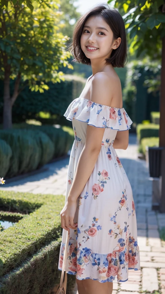 masterpiece, highest quality, disorganized, perfect anatomy, 1 girl, alone, pascal tales, short hair, beautiful, Hilarious, sunny day, botanical garden, Summer winds, sundress, Floral, wavy hair, smile