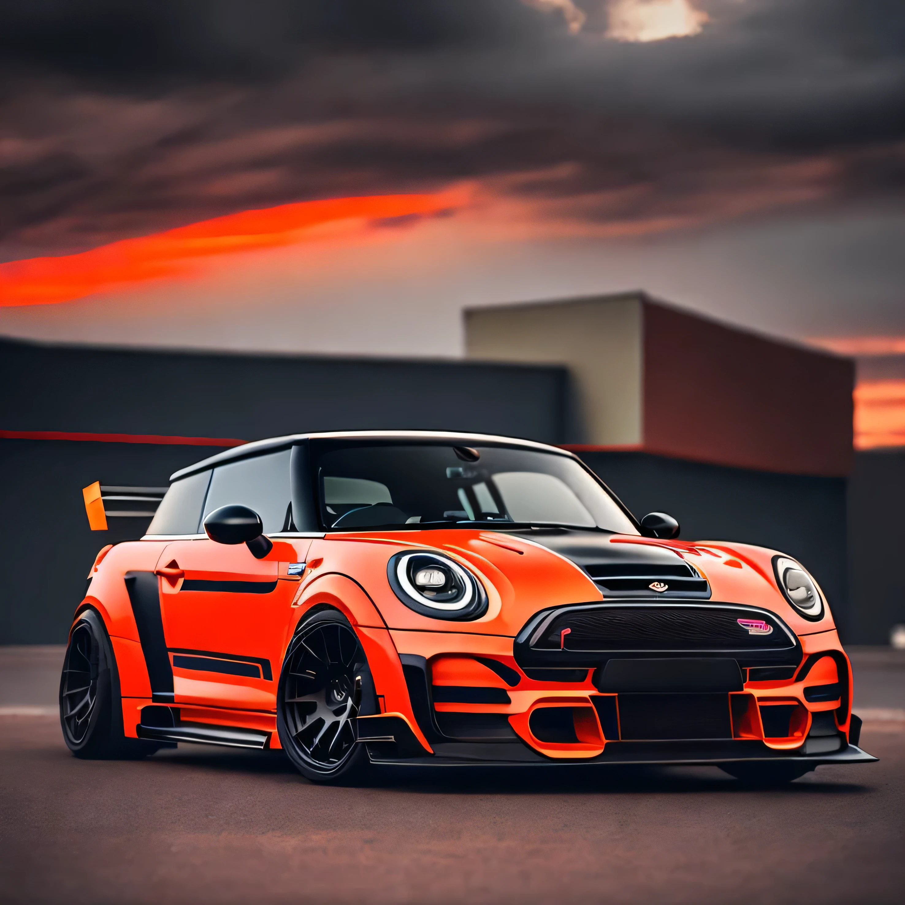 Artwork for t-shirt graphic design, bright orange coloured F56 Mini Cooper S JCW i at race track design, classic Mini Cooper S, ((carbon fibre, Liberty walk ultra wide body kit)), aggressive stance ((background: outside old industrial style building, large windows in background, overcast sky, heavy industrial look, cobble stone street)), 8K quality, realistic, realism, sharp, detailed, ultrawide, black and carbon fibre and deep candy orange colour scheme, front profile, epic stance, epic ultra wide body kit, super low stance, aggressive looks , street, bold red, background British flag in vintage pastel tone, highly detailed clean, vector image, realistic masterpiece, professional photography, realistic car, car sunrise background, flat black background, isometric, vibrant vector