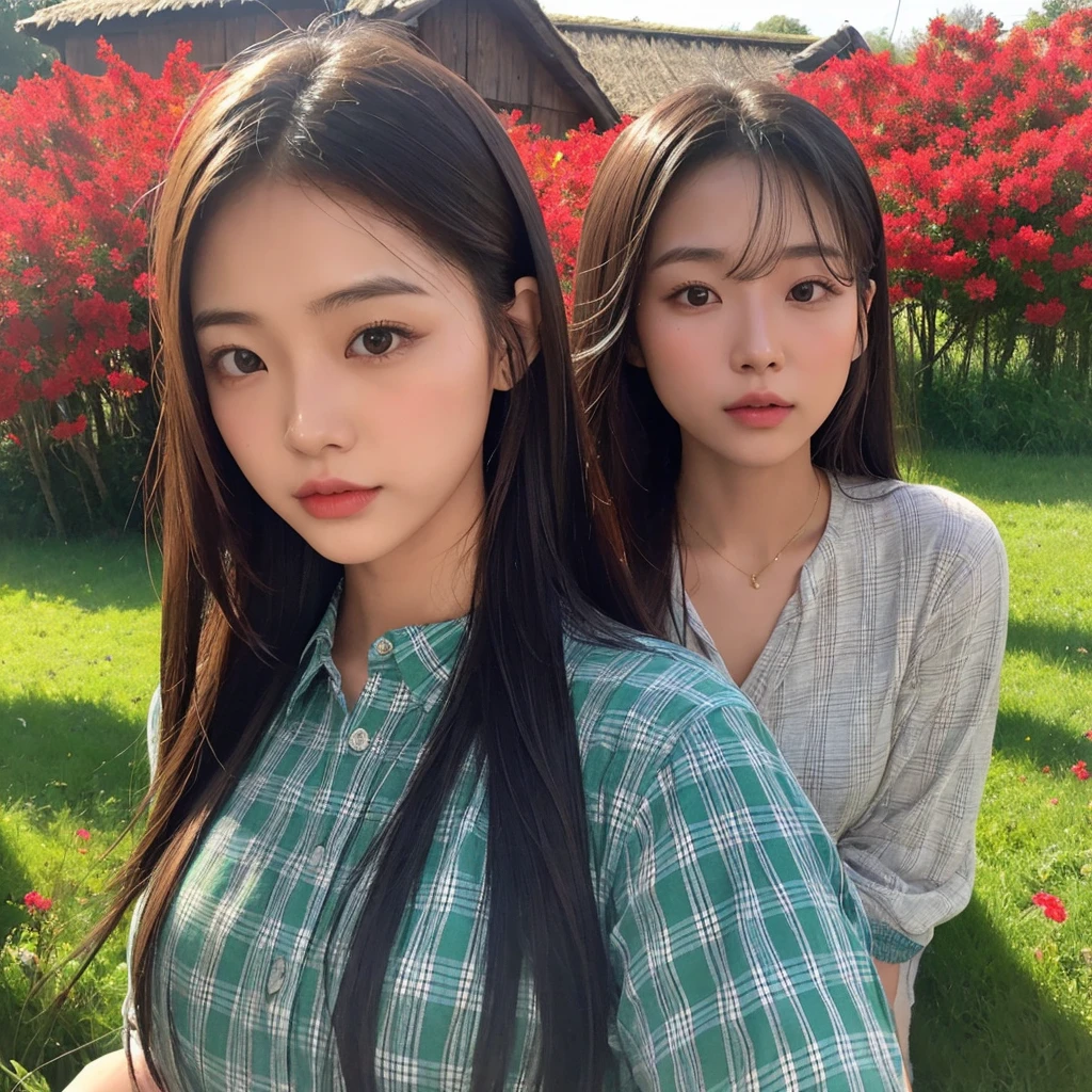 Young Asian woman, 25 years old, beautiful, long hair flowing up. A clear and detailed face, 8k,Wear a red and green and blue plaid shirt., In the open countryside there is a thatched hut with red flowers. Different action poses, Take photos 16k,with a high quality Fujicamera.,45,000,000 pixels