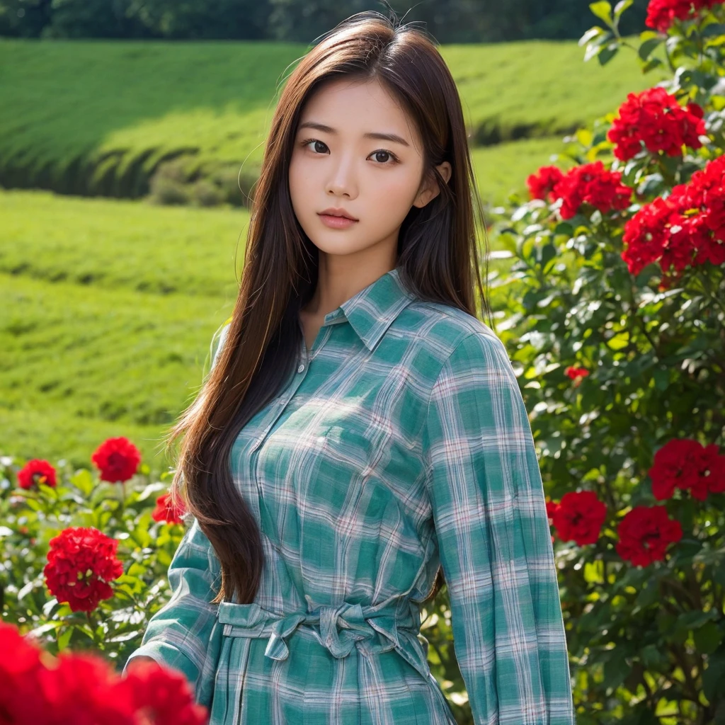 Young Asian woman, 25 years old, beautiful, long hair flowing up. A clear and detailed face, 8k,Wear a red and green and blue plaid shirt., In the open countryside there is a thatched hut with red flowers. Different action poses, Take photos 16k,with a high quality Fujicamera.,45,000,000 pixels