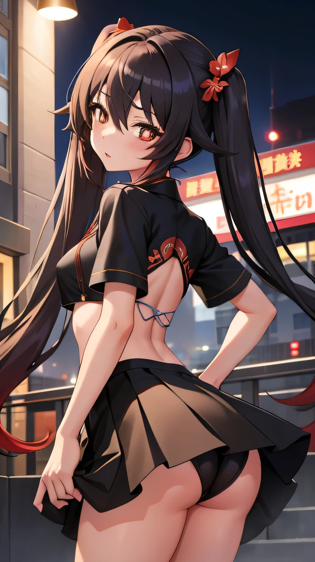 masterpiece, best quality, HuTaoV4, 1girl, solo, blush, twintails, long hair, hair between eyes, ((streetwear clothes)), city, outdoors, night, movie poster, extremely detailed 8K, smooth, high resolution, ultra quality, cinematic lighting, ambient occlusion, hd, 2k, 4k, 8k, 16k, extremely detailed anime, detailed faces, perfect composition, wide shot, atmospheric lighting, very sexy, lift skirt, random low back angle, uncensored, nsfw, sin censura