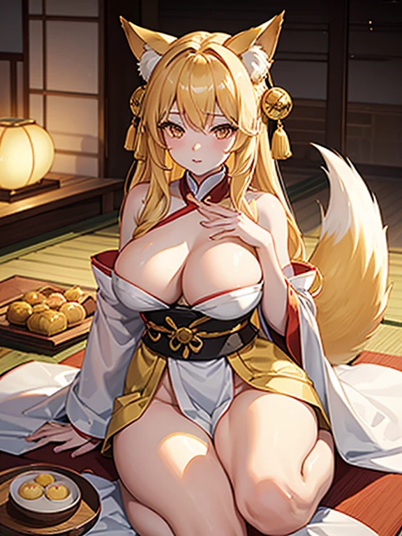 portrait of a kitsune girl with pale blonde hair, pale skin, sunset colored fox eyes, medium breasts, curvy body, thick thighs, big butt, sunset ombre short kimono, gold cuff bracelets, fox ears, fox tail, sun hair ornament, drinking sake, sitting in a shrine, nearby tray of mitarashi dango and fried tofu