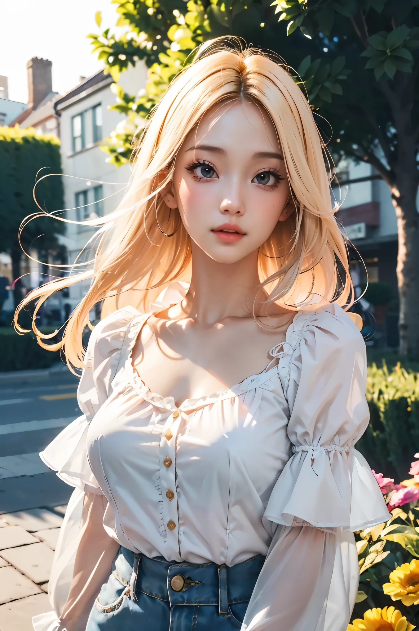 A beautiful curvy blonde kid wearing a sweet Pink Party Contrast Mesh, Ruffle Hem, All Over cherry blossoms Print, A Line, Short puff Sleeves, Sweetheart neckline, thin gold belt with tiny heart buckle, High Waist,Flounce hem Long gown, very long curling hair, cute, sweet, town picnic, warm party atmosphere, pretty, pretty lighting, 8k, octane render, detailed, detailed background, 35mm, realistic, photorealistic, perfect face, cherry blossoms barrettes in hair, freckles