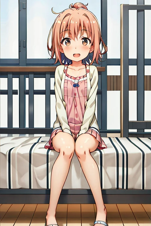 ((highest quality)), ((masterpiece)), (be familiar with), Perfect Face, indoor, Bedroom, Watching the audience,
One woman, Yuigahama Yui,
Open Mouth, Ecstatic expression, blush, smile,
Small breasts, Flat Chest, Young Girl, , , Girl,
Short Hair, Salmon-colored hair, Salmon-colored eyes, Side Pony,
Leg spread,