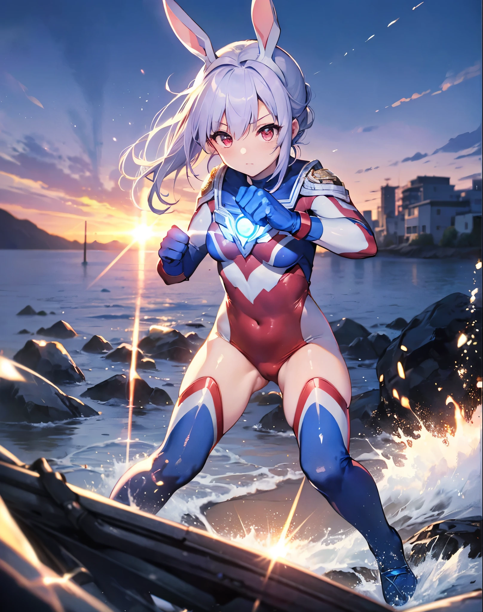 Realistic,highest quality, Ultra Detail, High-quality CG rendering, The most delicate and beautiful, Floating softly, High resolution, (1 girl), (Highest quality,4K,8K,masterpiece:1.2) ,Light purple hair,Rabbit,Bunny ears,ponytail,Red eyes,(Ultra Girl:1.0),(Blue Ultraman bodysuit:1.4),(Blue gloves:1.3),(Blue shoes:1.3), (Clenched Fist:1.2)