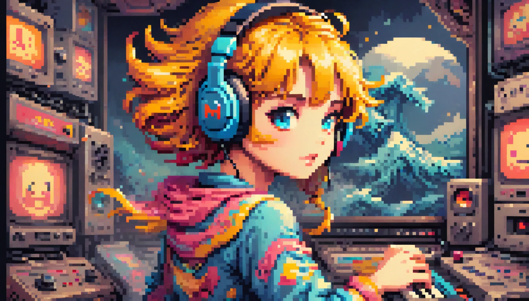 Retro games, Retro style characters, (masterpiece, highest quality, Perfect composition, so beautiful, Absurd, Very detailed, Intricate details, Professional, Official Art, Representative works:1.3),Headphones、listen to music