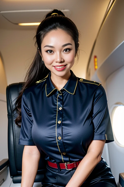 (Thai woman),(highponytail),(forehead),(Flight attendant uniforms:1.3),(short skirt),(enormous breasts:1.6),(slim waist:1.3),(smile:1.5),(inside an airplane in the background:1.3), (cowboy shot:1.4),8k, UHD,