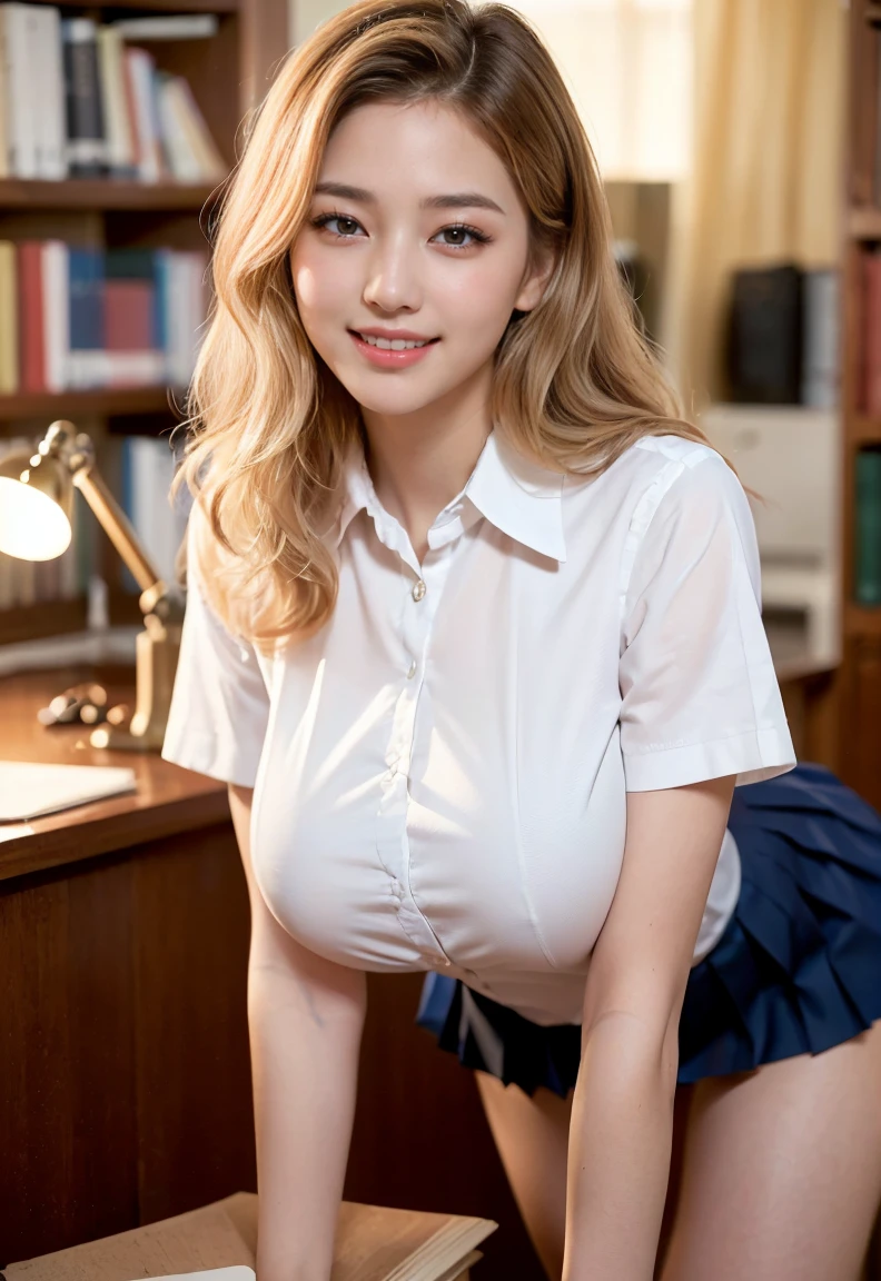 (((neat woman,Bright-eyed excitement,kind big smile,blush,blush,red cheek,please touch me,tempting viewer,i want you))),(all fours,all fours,hip higher),((((blush,red cheek)))),(cinematic lighting), (Photo real:1.4)、(A hyper-realistic:1.4)、(Photorealistic:1.3)、 (gentle lighting: 1.05)、(Improve the lighting quality of your video:0.9)、 32k、25years old woman、photorealistic lighting、Back lighting、Facial Lights、Ray Trace、(bright:1.2)、(Increase quality:1.4)、 (best quality real texture skin)、Fair eyes,delicate face、 Close-up of the face, ((Wearing the white collared shirt,navy vest-dress uniform,(no printed navy pleated skirt),high-heel),(Bodyline mood improvement:1.1)、Glossy skin、Korean Idol、Nogizaka Idol、good figure,perfect anatomy,Beautiful actress,(((beautiful huge breasts,slender waist,slender hip,long slender legs,8heads tall))),(((8heads tall))),(((blonde wavy hair,curtain bangs))),(((in the beautiful modern office of library,super clean night view,in the night))),