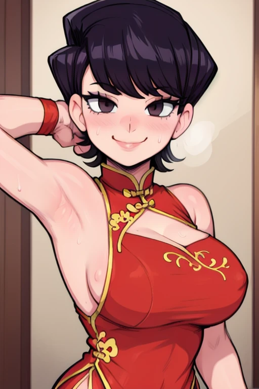 masterpiece, best quality, komi, looking at viewer, large breasts, upper body, portrait, seductive smile, put your hands behind your head, armpits, armpits visible, sweaty armpits, wearing red chinese dress, breast cleavage