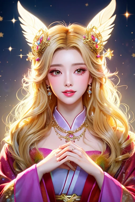 Anime-style beauty,God,女God,The goddess,Angel,heaven,skyline,Wearing lots of light,A lot of gems,Sparkling,Shine,Eyelashes,Heavy makeup,Golden hair ornament,beautiful,rich,Feather coat,kimono,front,Healing,Gal,Fancy hair,magic,crystal,vivid,,,,,,,,,,,,,,,,,,,,,,,,,,,,,,,,,,,,,,,,,,,,,,